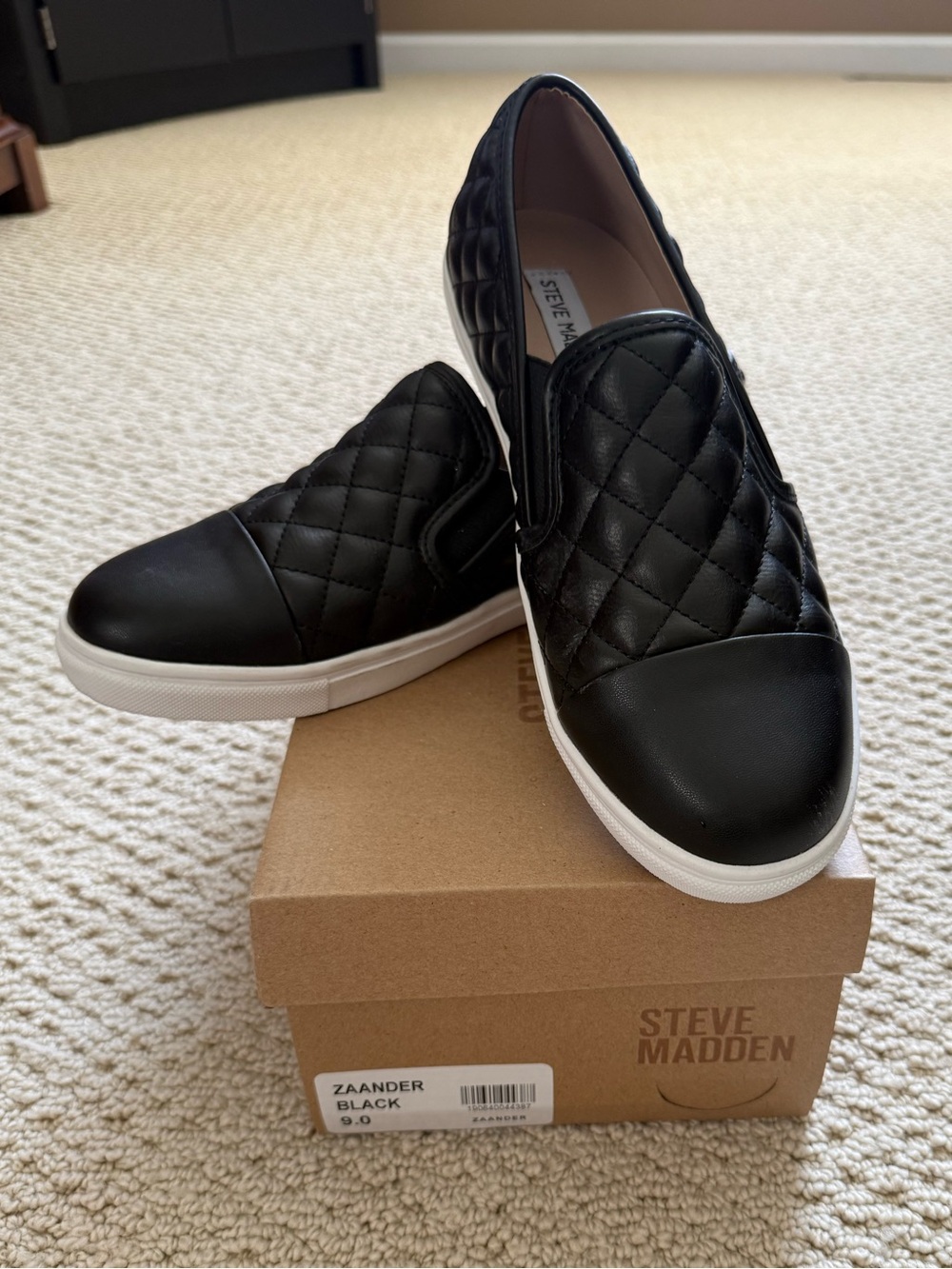 Steve Madden Black Quilted Slip-On Flats with White Sole